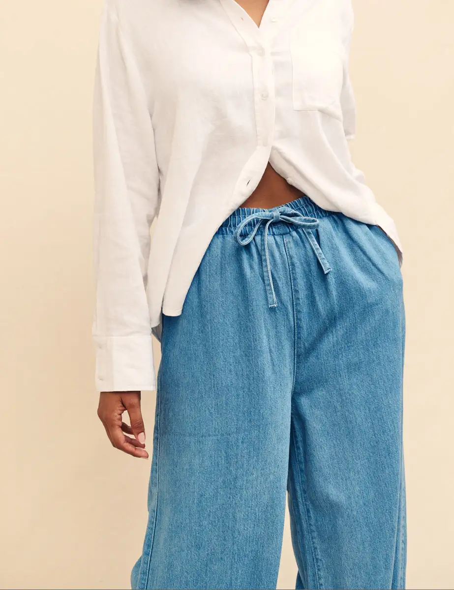 Mid Wash Blue Denim Drawstring Trouser