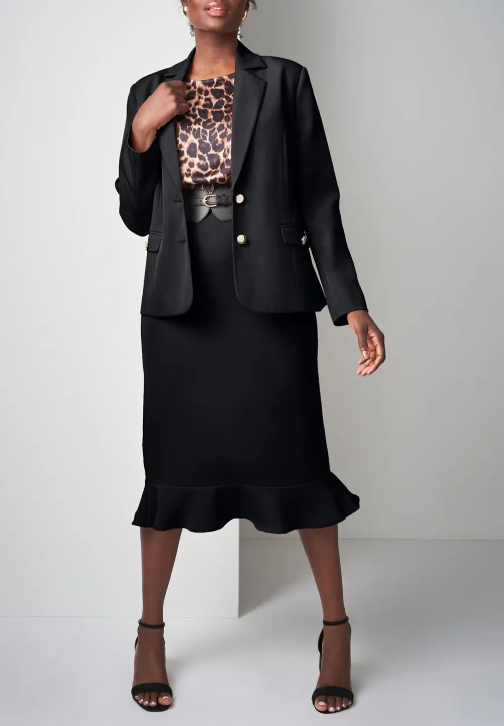 Crew Neck  Stretch Crepe Peplum Skirt Suit