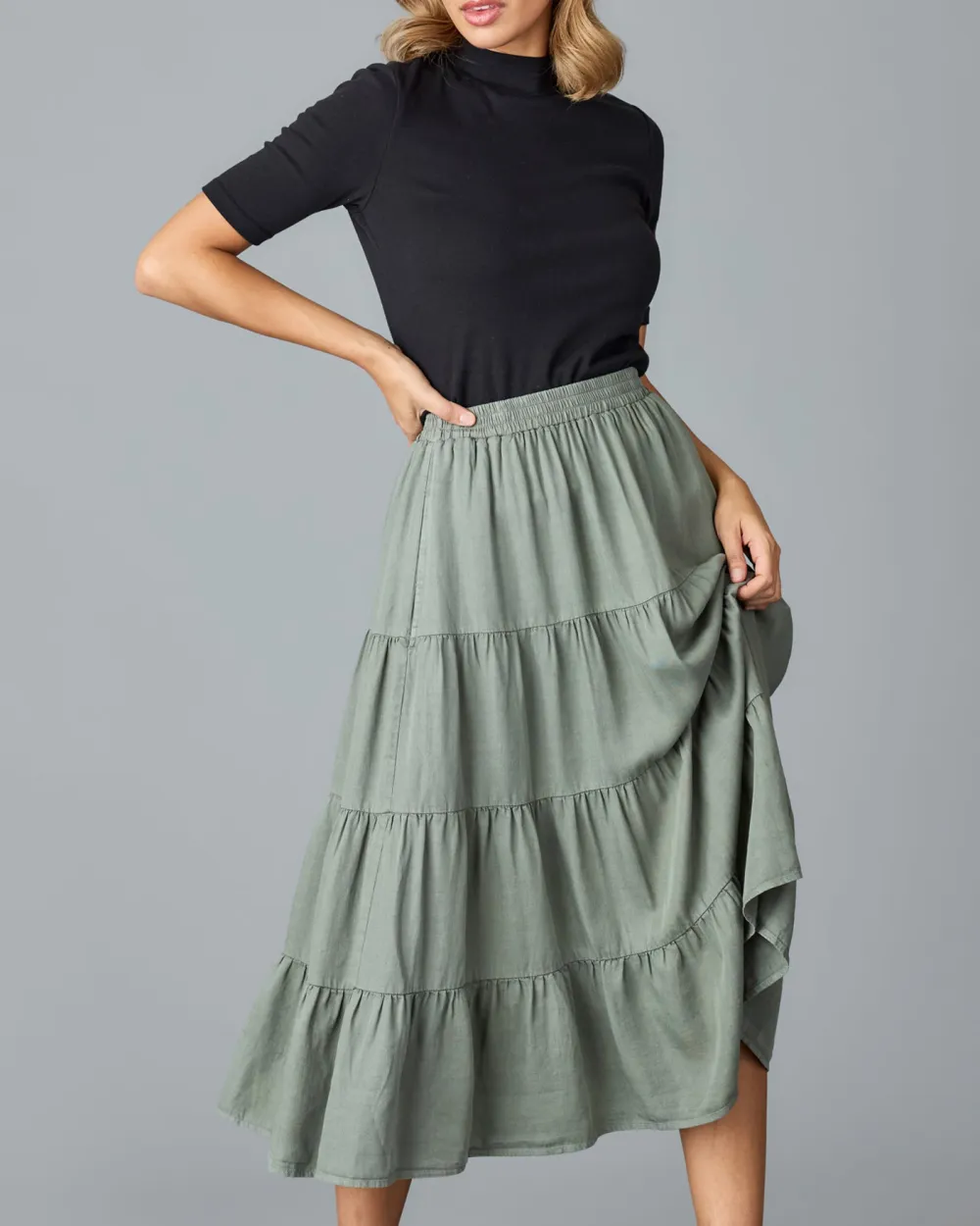 Olive Green Ruffled Midi Skirt