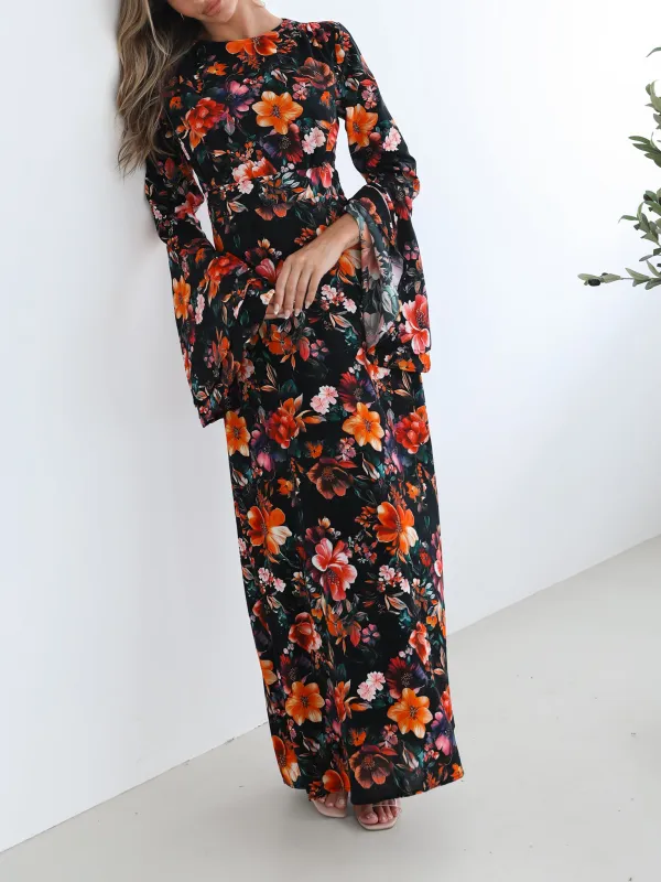 Black Straight Neckline Floral Dress