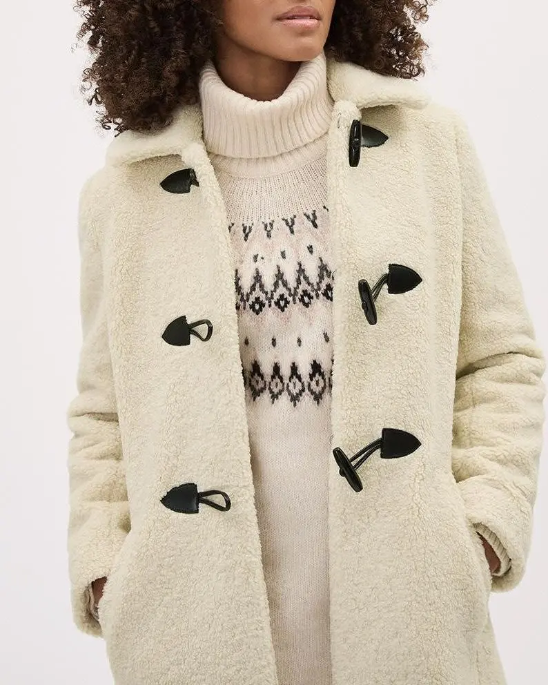Casual Beige Fleece Like Long Coat with Toggle Fastening