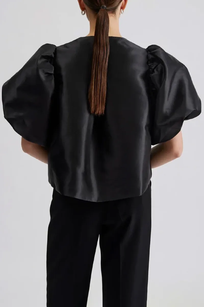 Black Pouf Sleeve Crew Neck Blouses