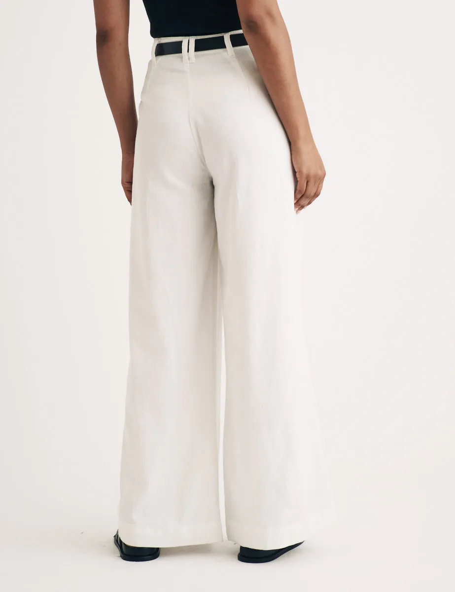 White Double Pleated Wide Leg Trousers