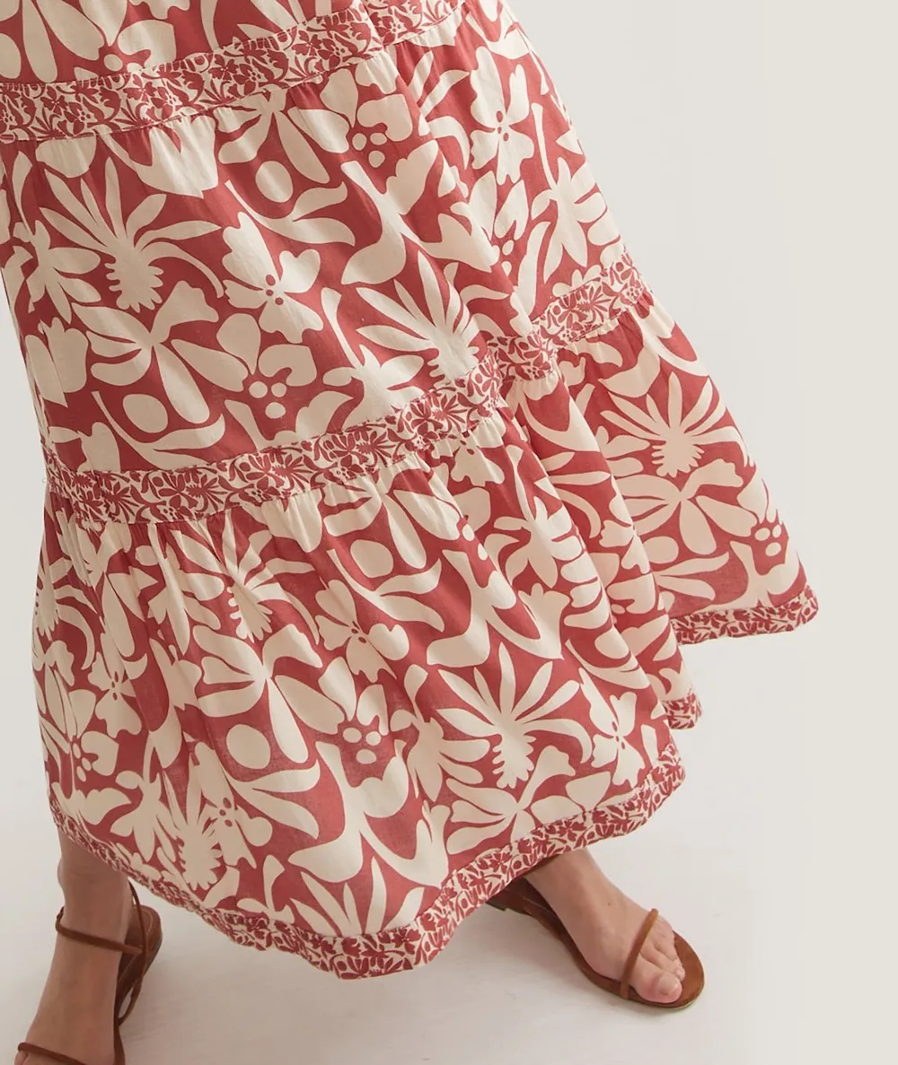 Auburn Leaf Print Tiered Maxi Dress