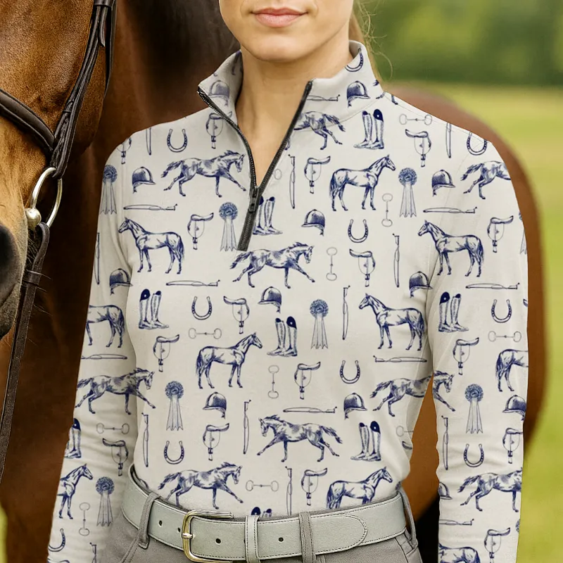 Women's Equestrian Equipments&Horse Print Long Sleeve Casual Shirt