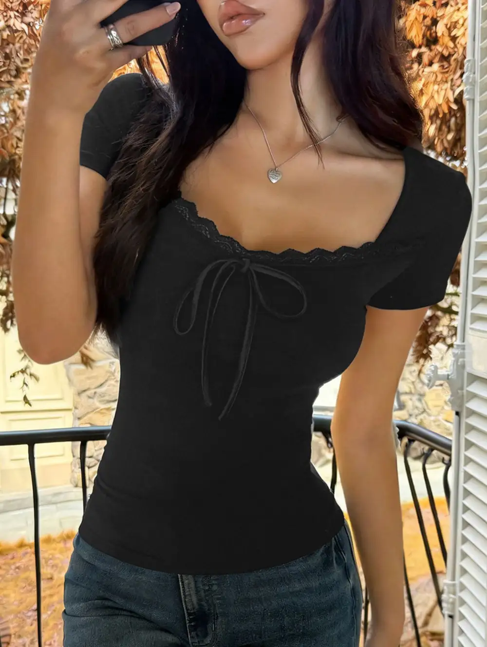 Square-Neck Lace Tie Crop T-Shirt