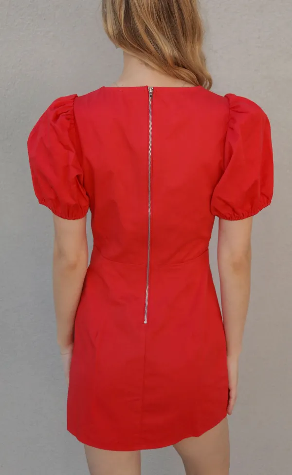 Red Puff Sleeve Square Neck Mini Dress
