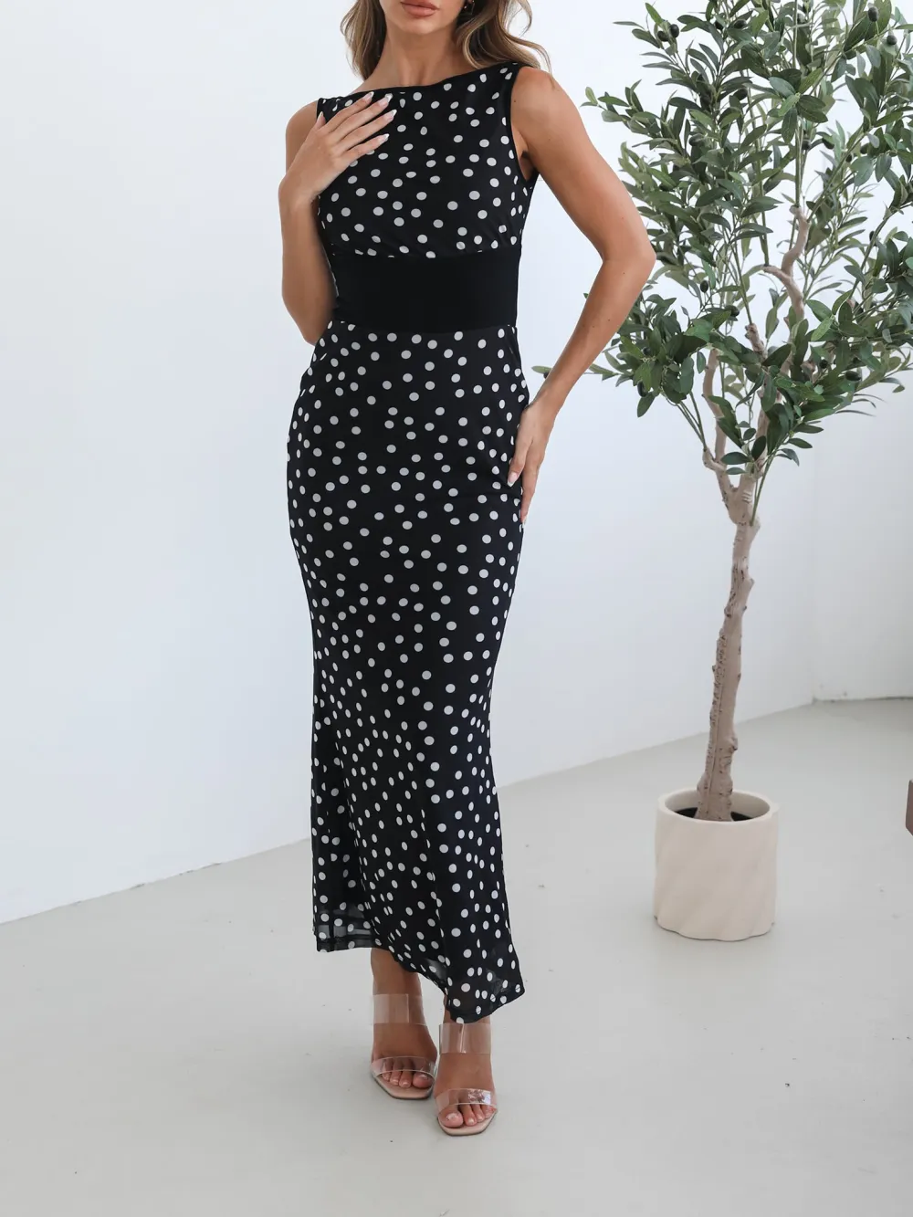 Boat Neckline Navy Spot Dress