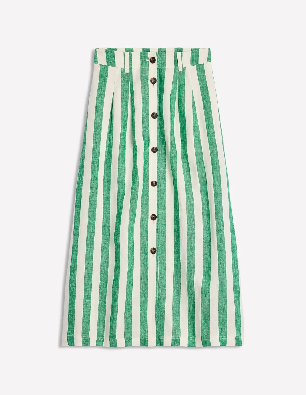 Green and White Striped Thomasina Linen Midi Skirt
