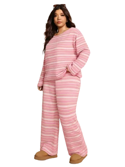 Plus Size Women's Winter Off-Shoulder Striped 2pc Set