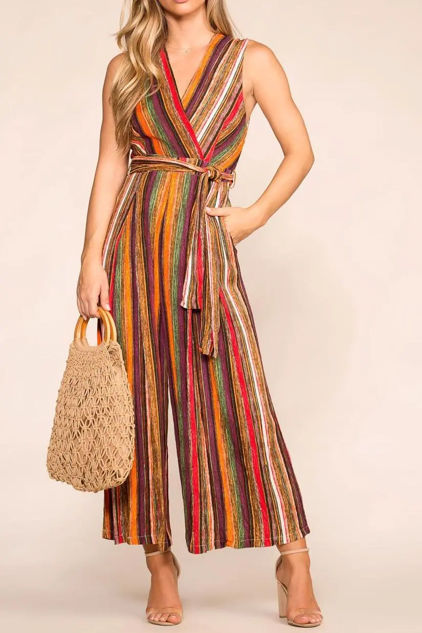 Line Stripe V-Neck Sleeveless Jumpsuit