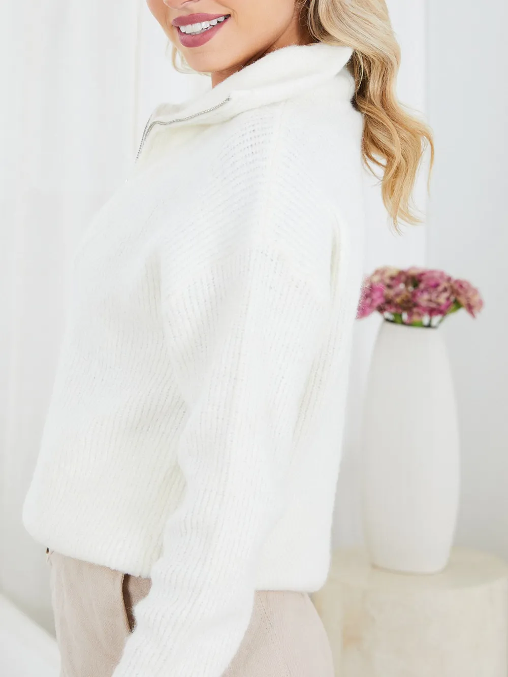 White Casual Style Long Sleeves Knit