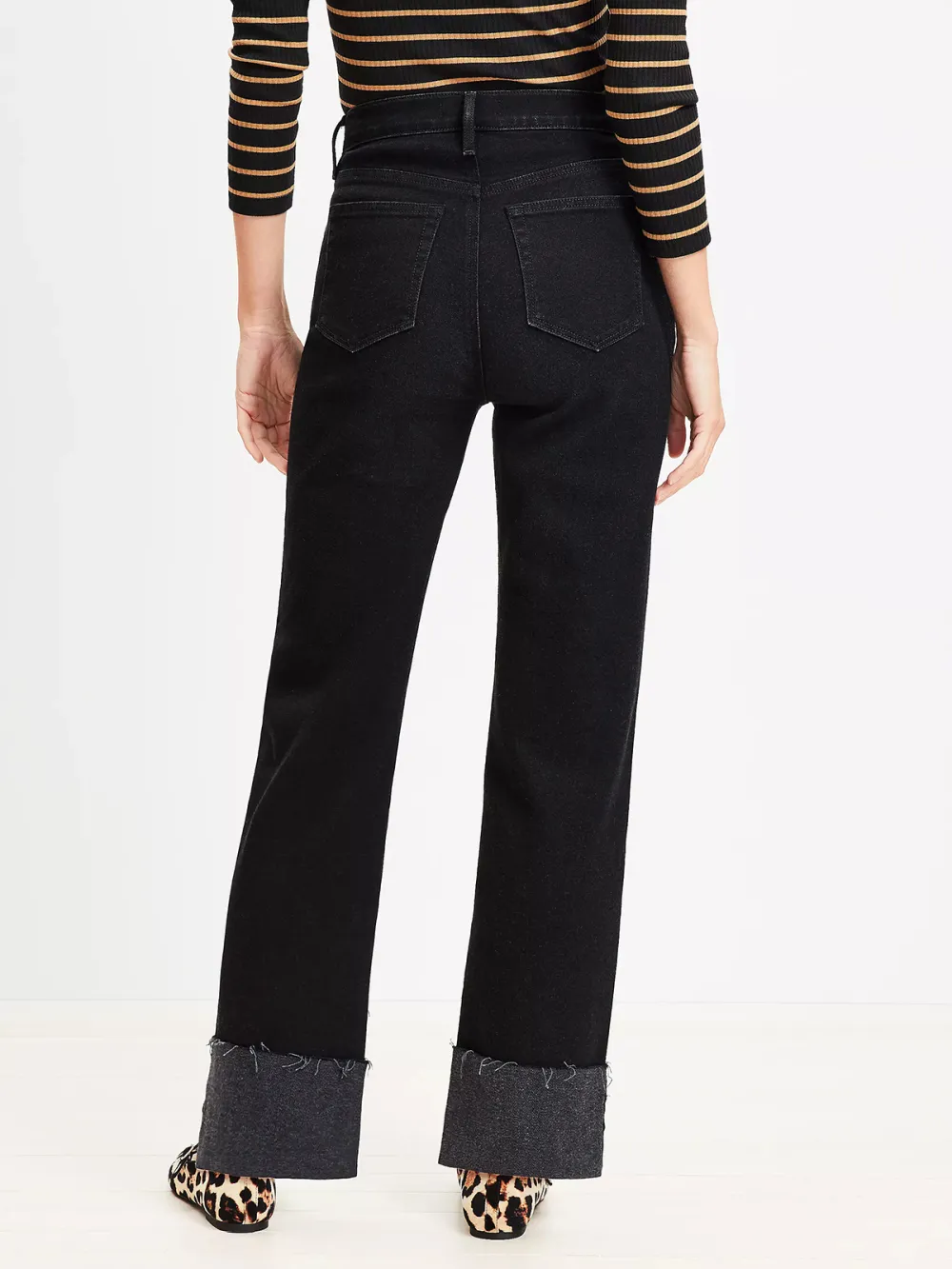 Flip Cuff High Rise Straight Jeans In Washed Black
