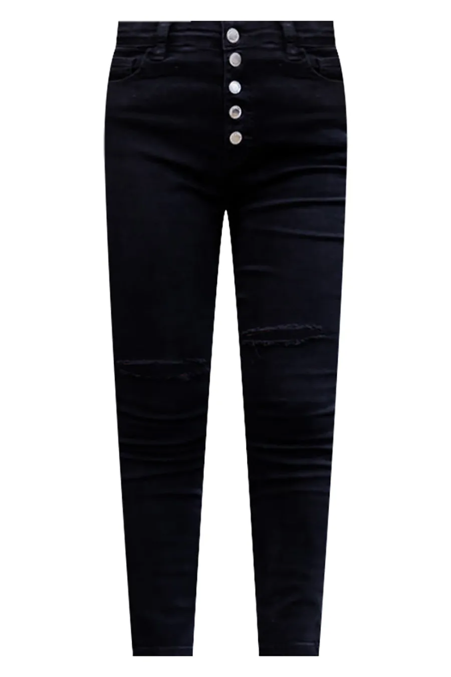 Black Button Fly Distressed Skinny Jeans