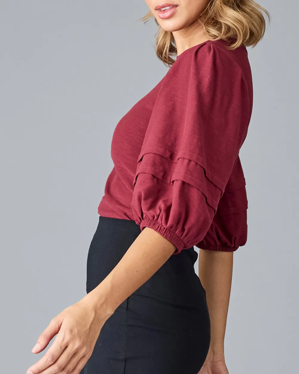 Wine Red Ruffled Three Quarter Sleeves Blouse