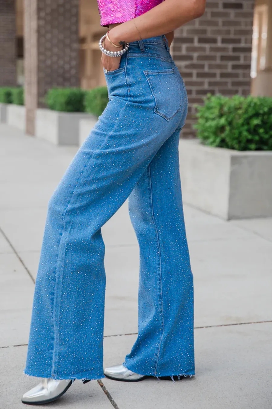Medium Wash Rhinestone Detail Wide Leg Jeans