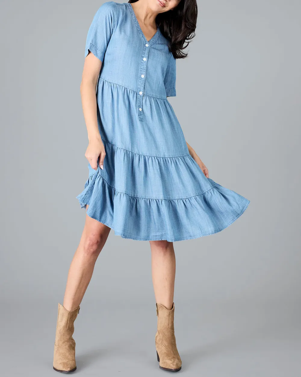 Medium Blue Wash Button Down Ruffled Dress