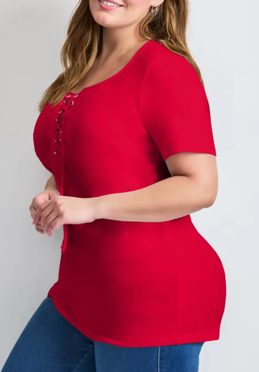 Solid Color Drawstring Front Placket T-Shirt