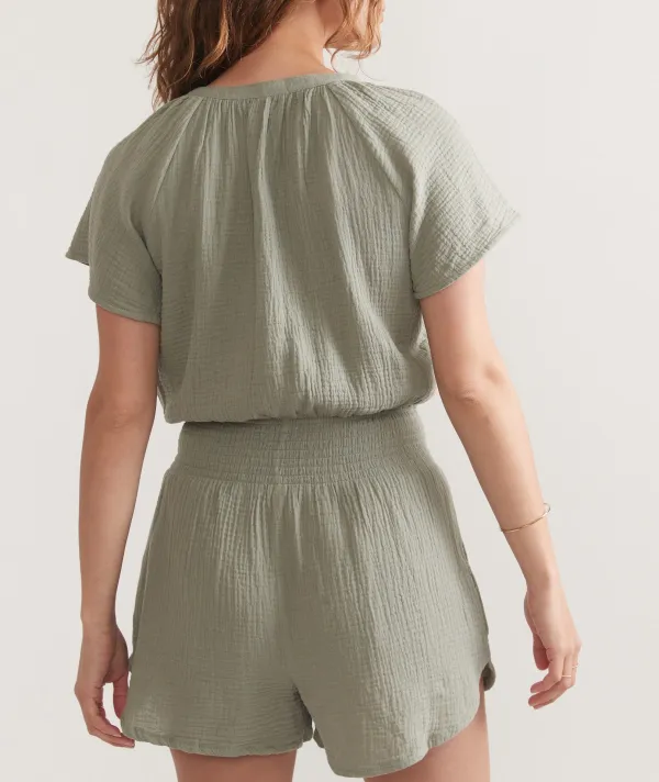 Short-Sleeve Smocked Cotton Romper