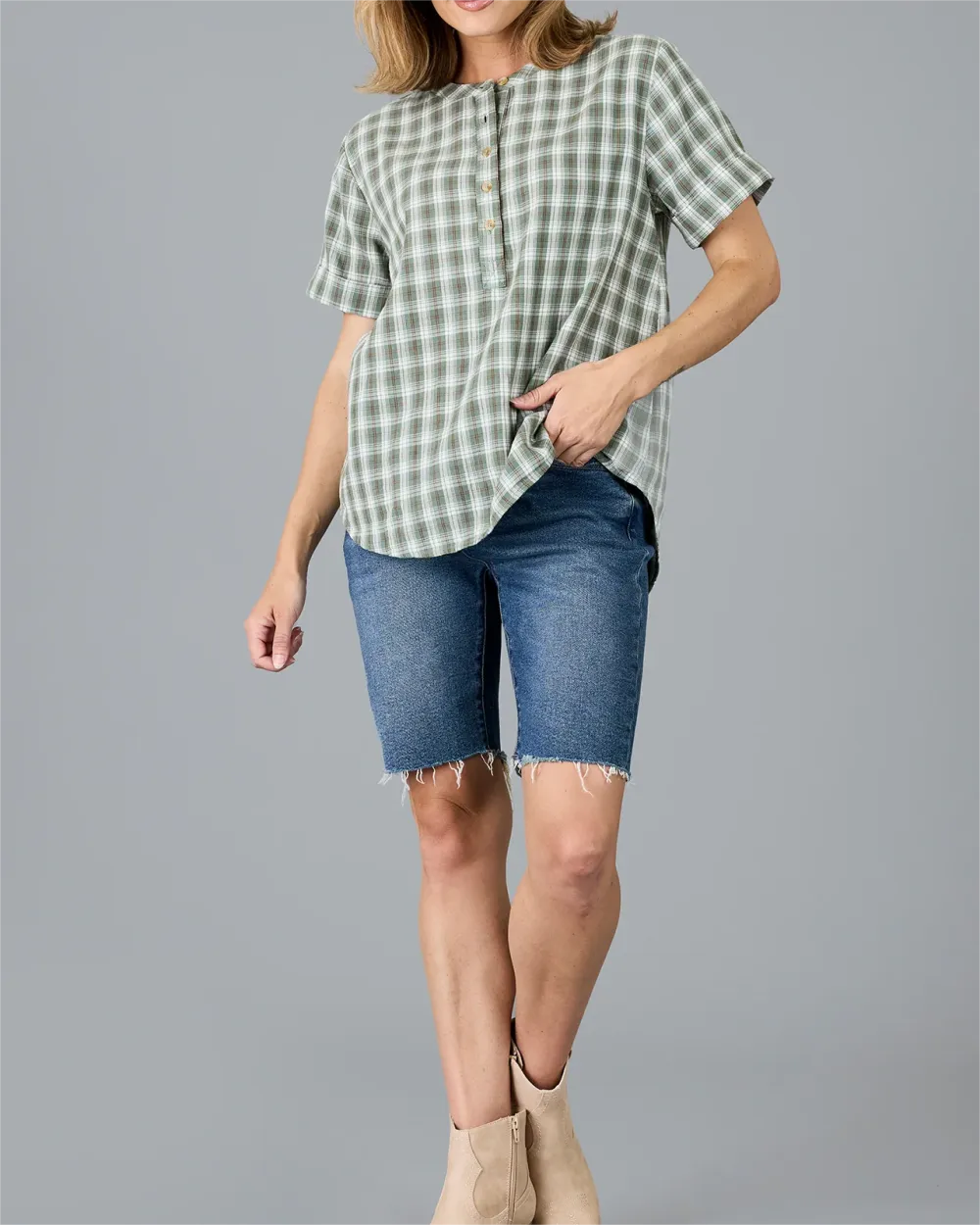 Green And White Checkered Henley Shirt