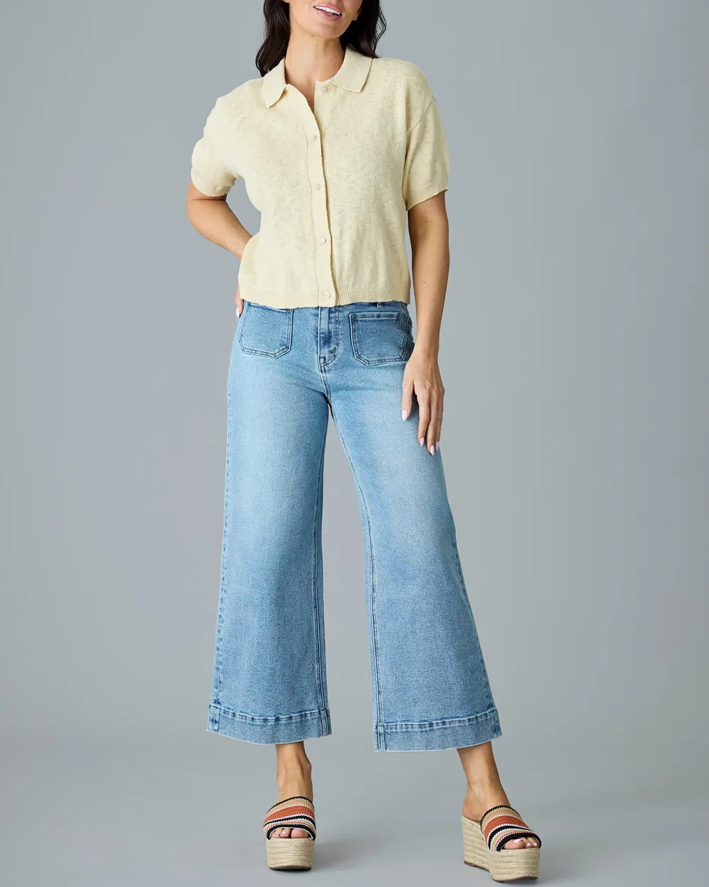 Short Sleeve Knit Button Up Top