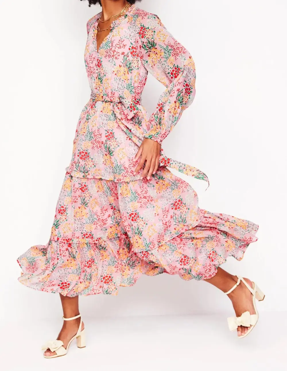 Light Pink Floral Tiered Maxi Dress
