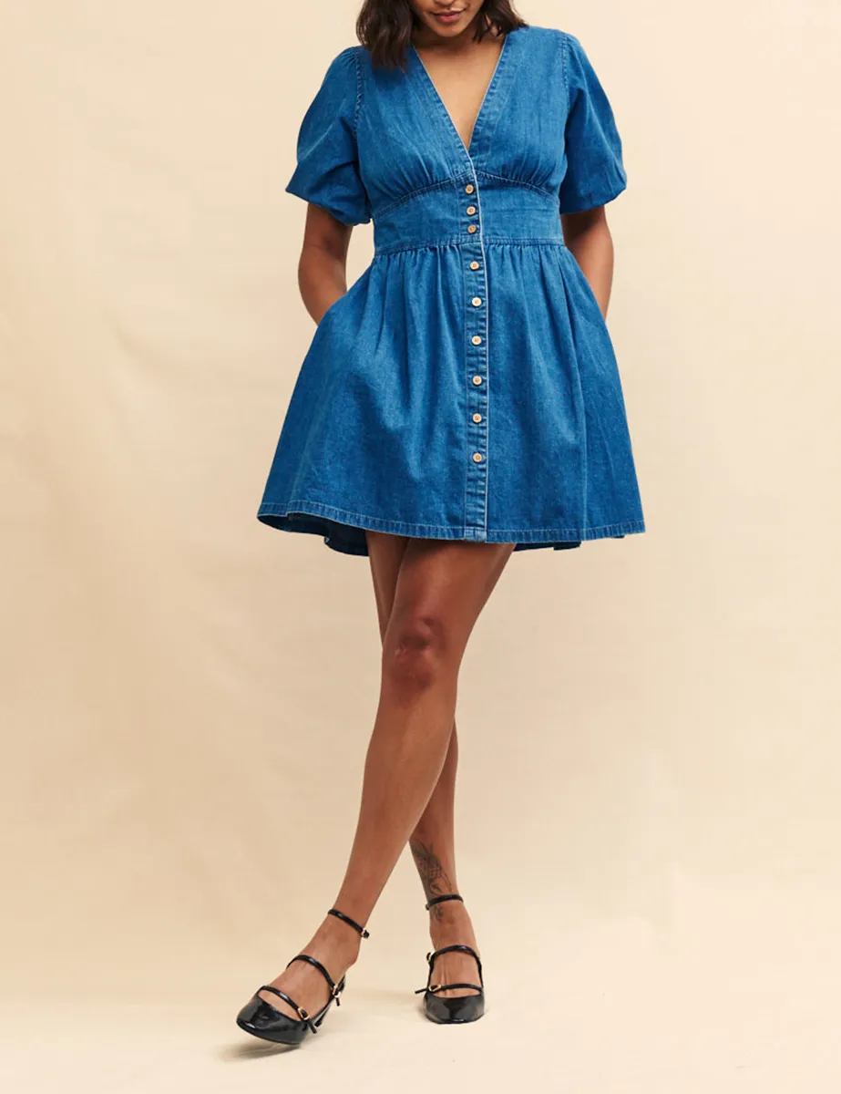Denim Button Front Puff Sleeve Mini Dress