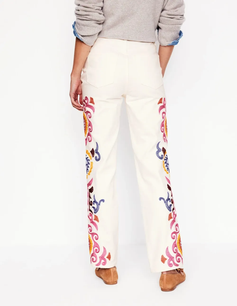 White Embroidered - Detail Wide - Leg Jeans