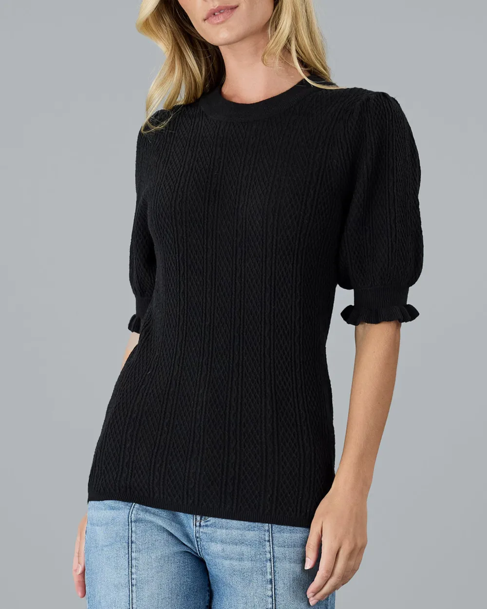 Black Textured Short Sleeve Sweater