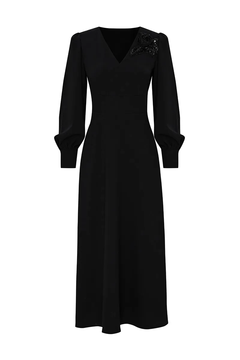 Black Puff Sleeve V-Neck Midi Dresses