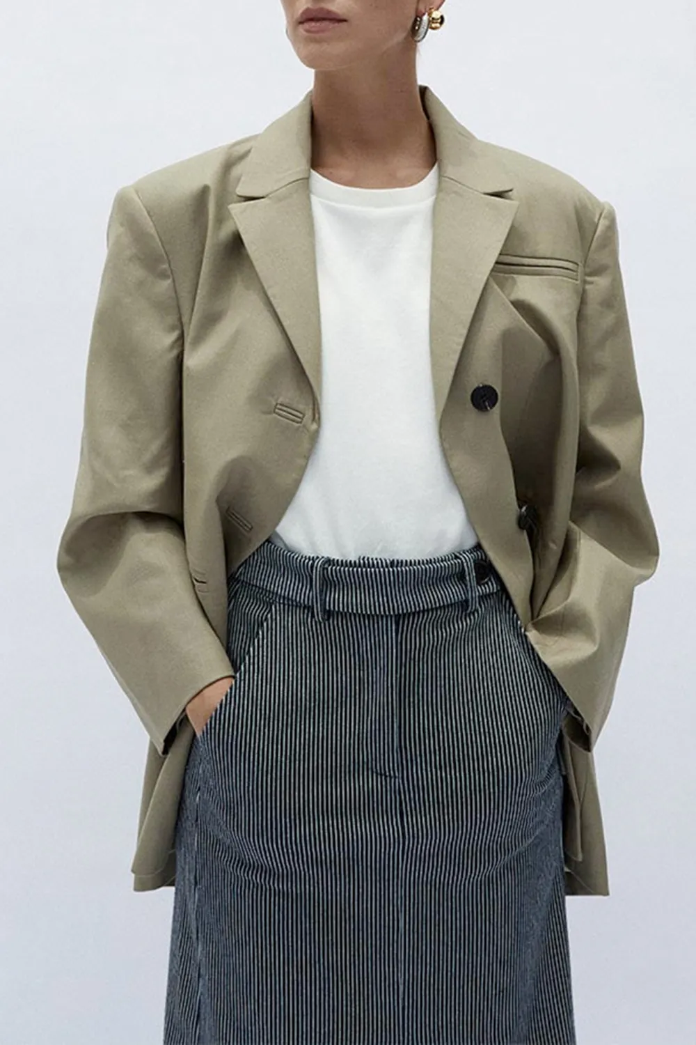 Classic Navy Stripe Slit Slimming Comfortable Skirt