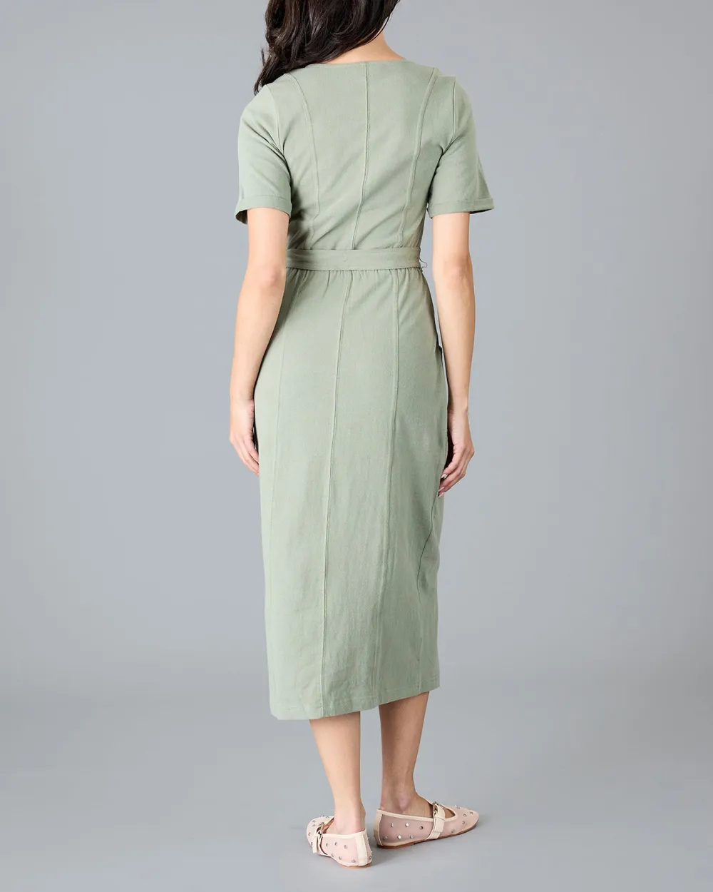 Slight Stretch V Neck Midi Dress