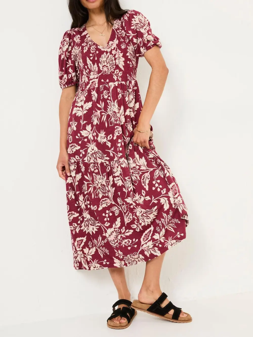Burgundy Red Floral Short Sleeve Midi Dress