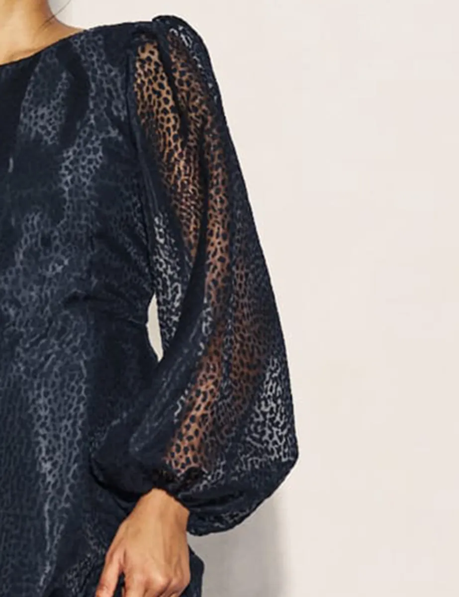 Black Organza Balloon Sleeve Midi Dress