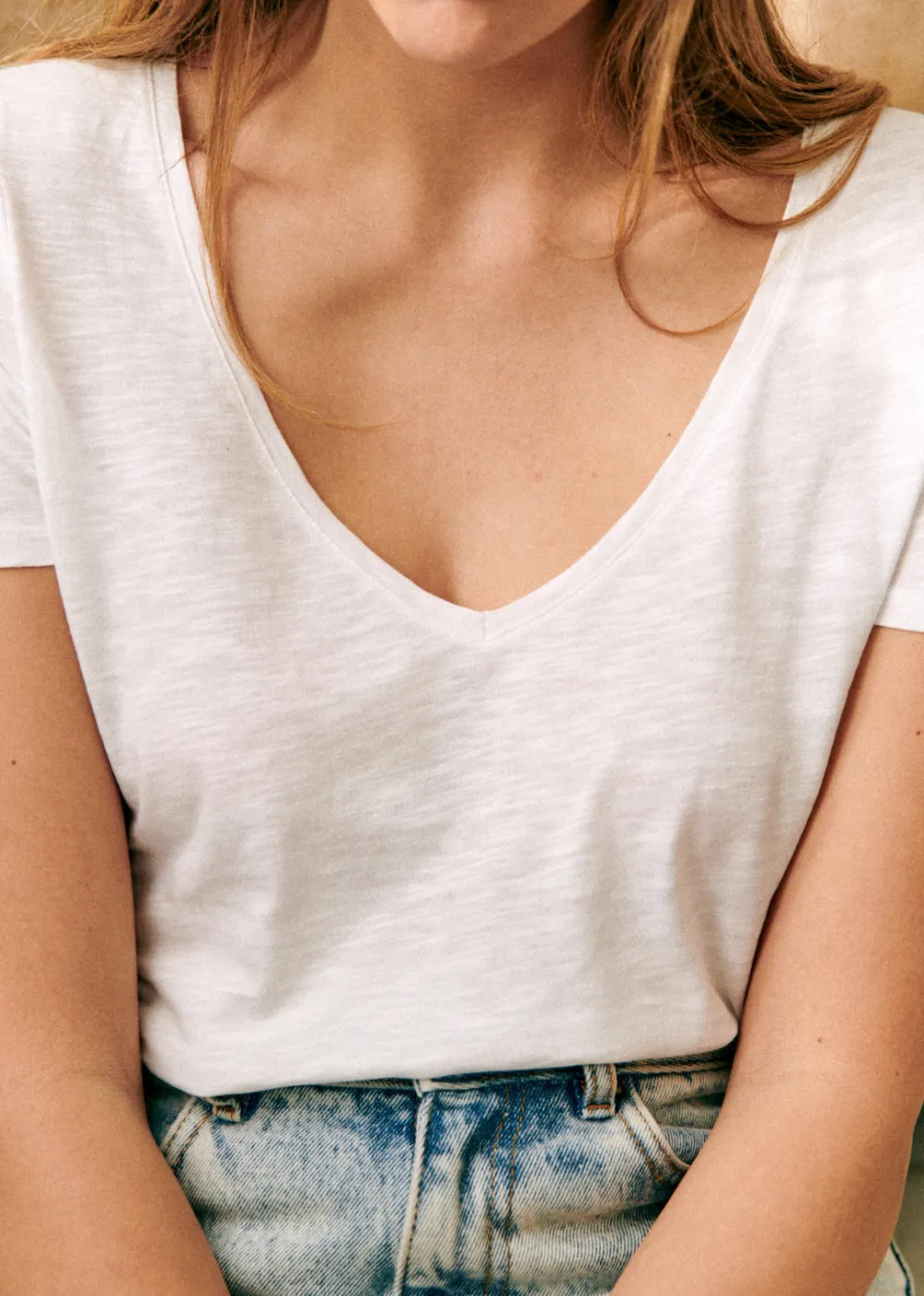 Short Cotton Solid Color V-neck T-shirt