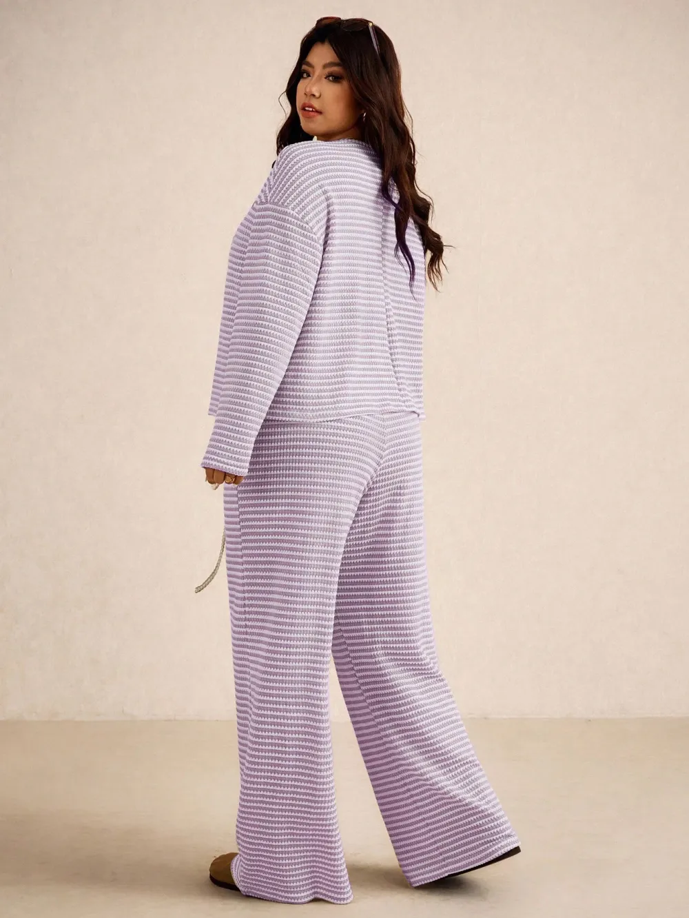 Women's Plus Size Loose Striped Long Sleeve 2pc Set