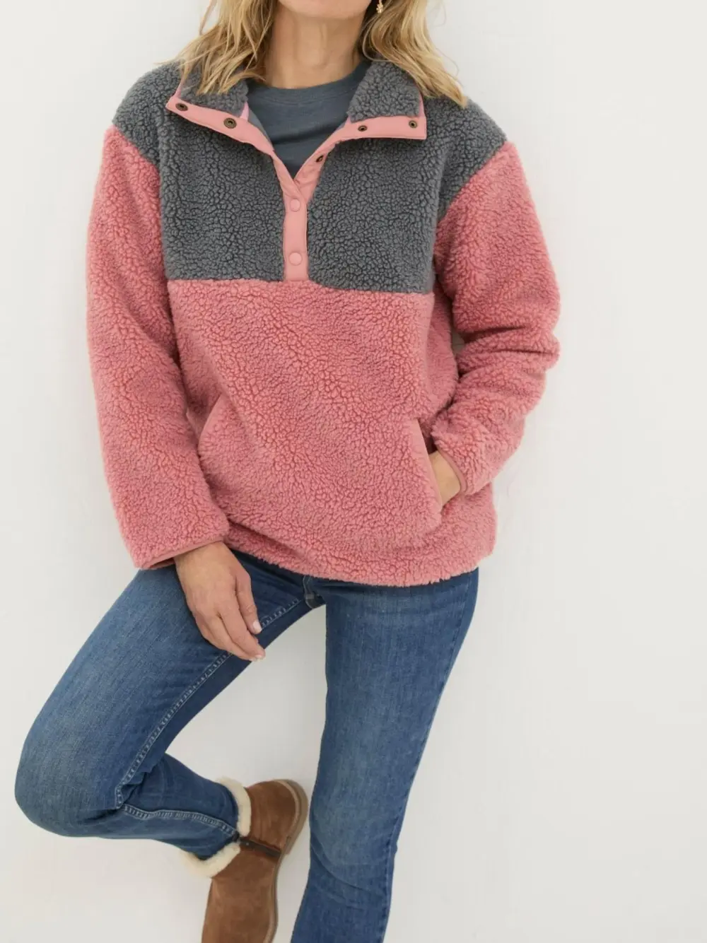 Pink Half Neck Quarter Button Fleece