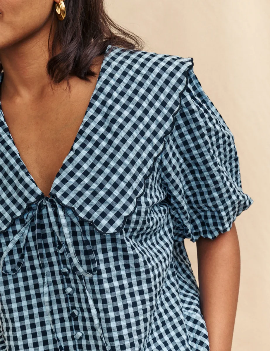 Blue Gingham Bow Front Blouse