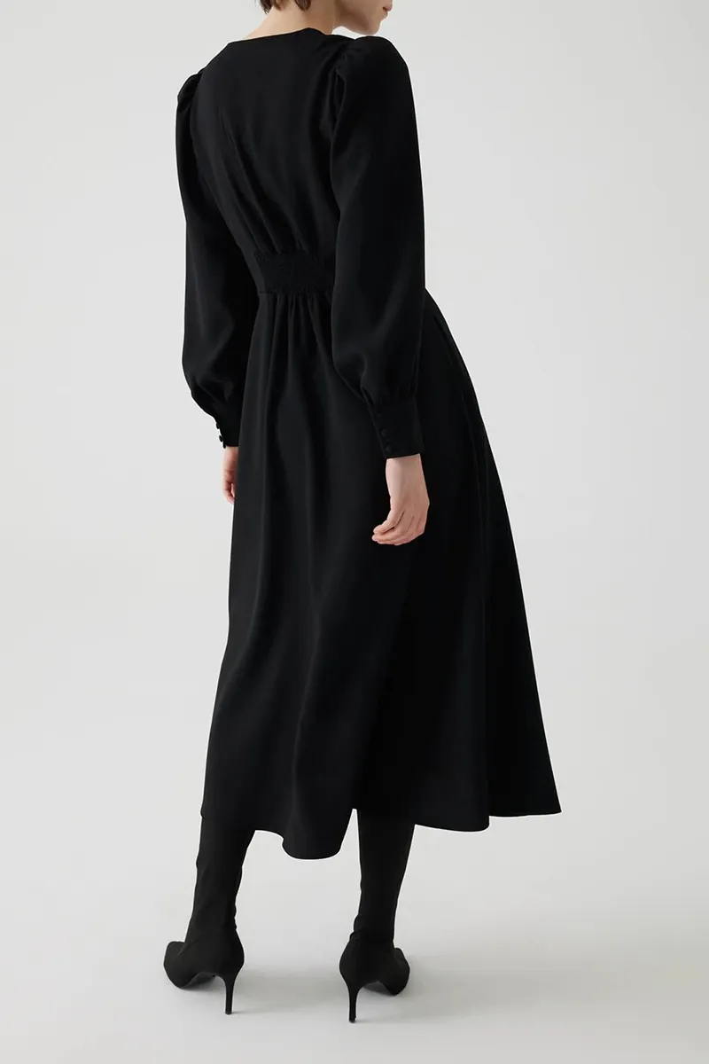 Black Puff Sleeve V-Neck Midi Dresses