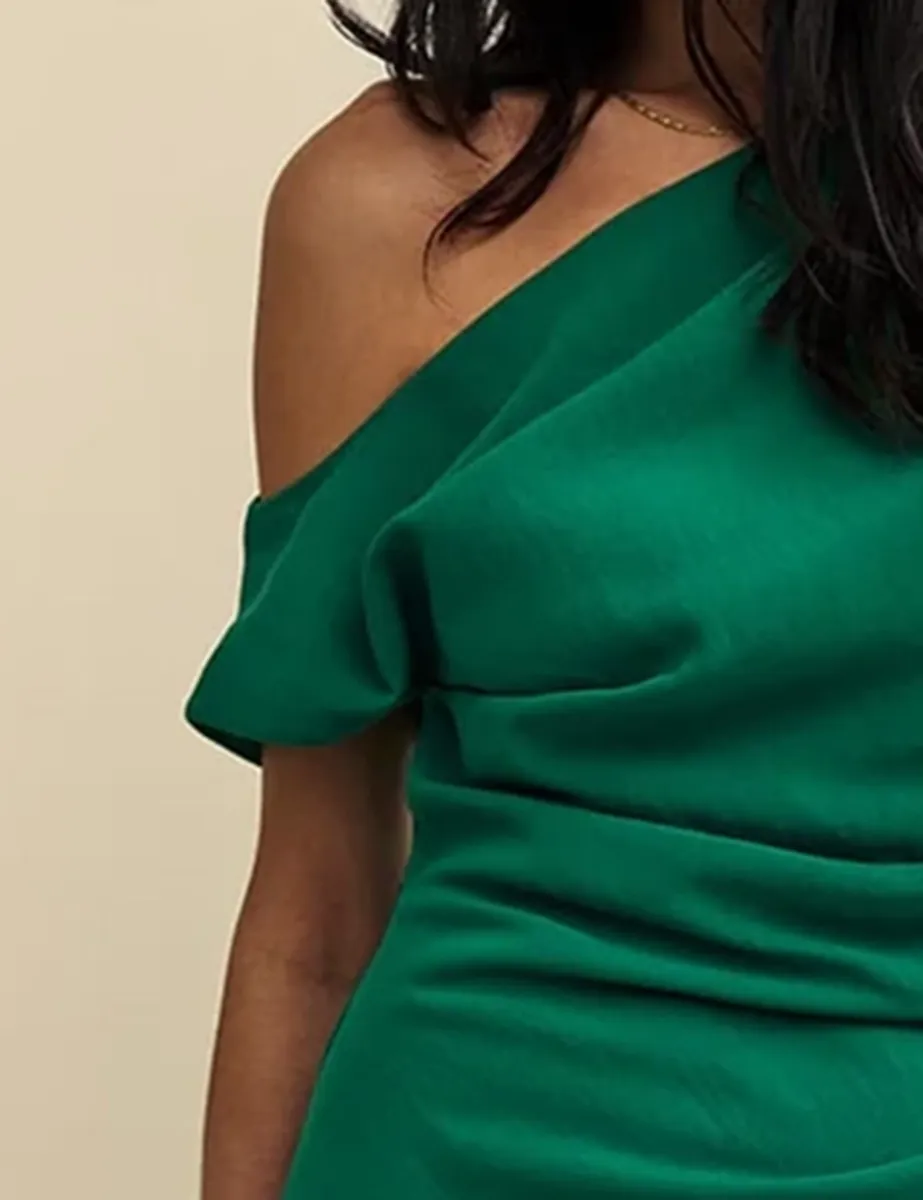 Green Satin Asymmetric Sleeve Maxi Dress