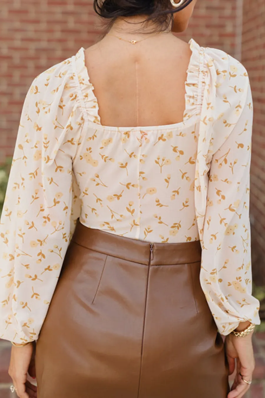 Tan Ruched Balloon Sleeve Floral Bodysuit