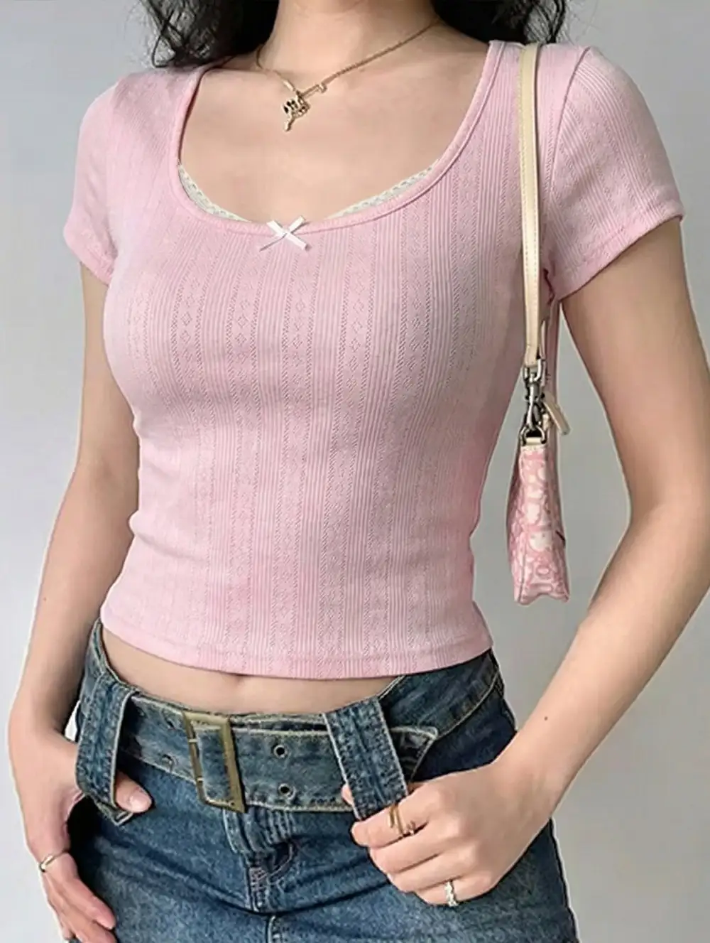 Lace Patch U Neck Crop T-Shirt