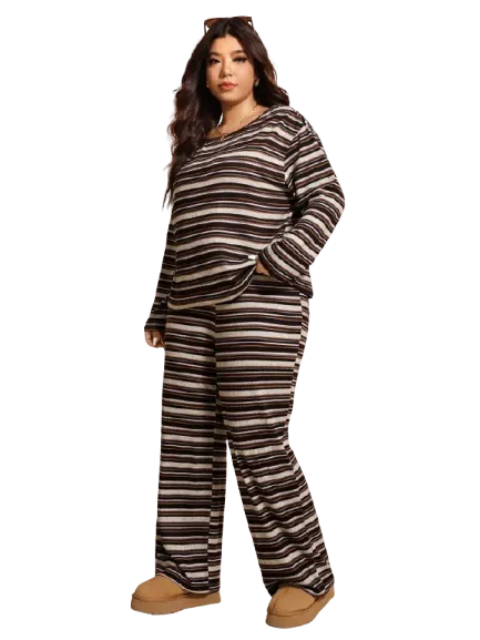 Plus Size Women's Winter Off-Shoulder Striped 2pc Set