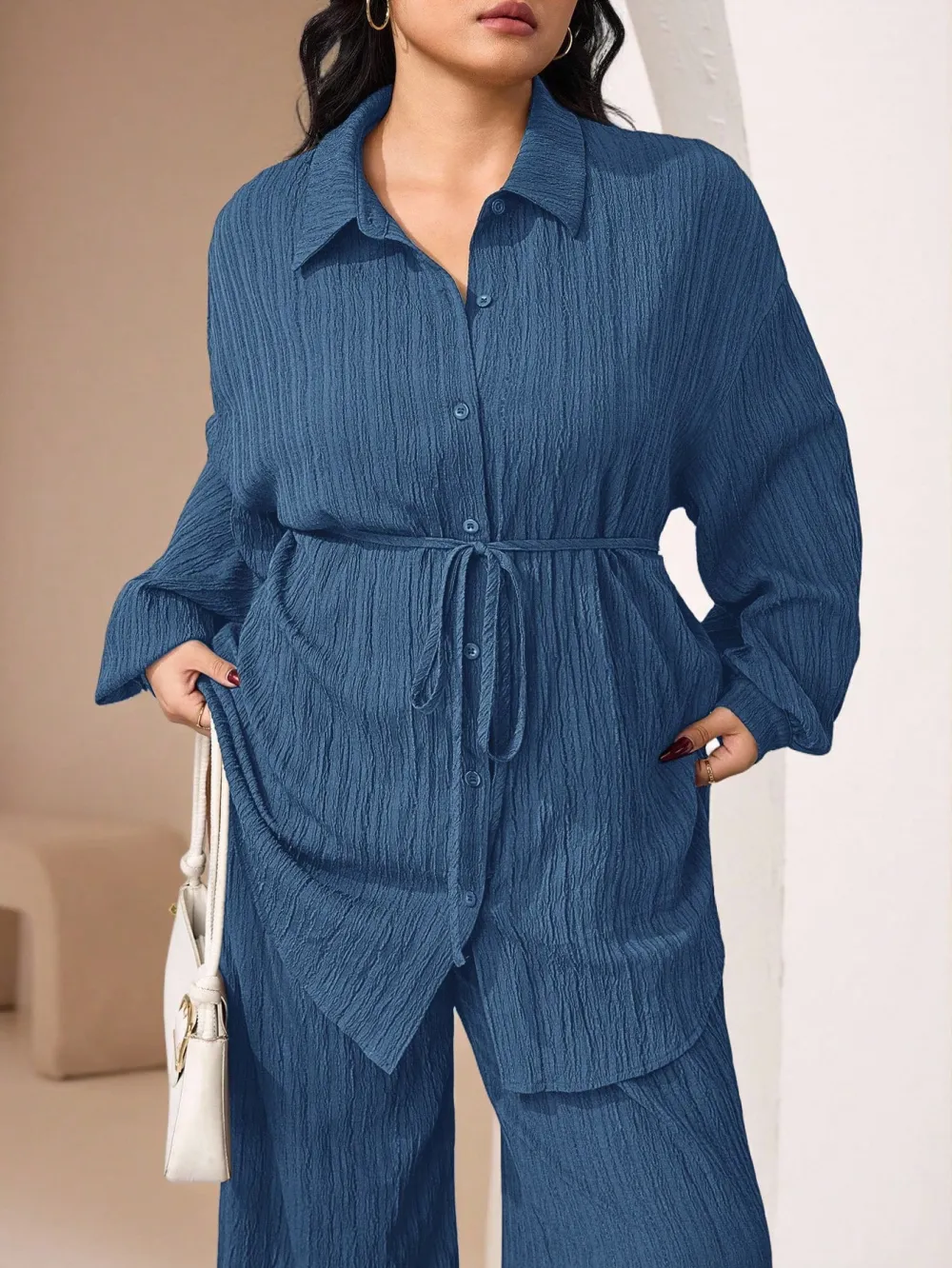 Women's Plus Size Plain Button-Up 2pc Set