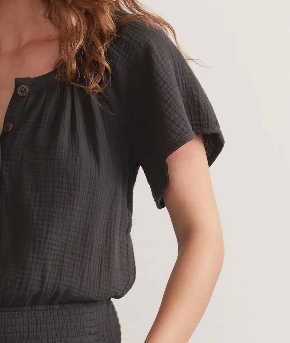 Short-Sleeve Buttoned Linen Romper