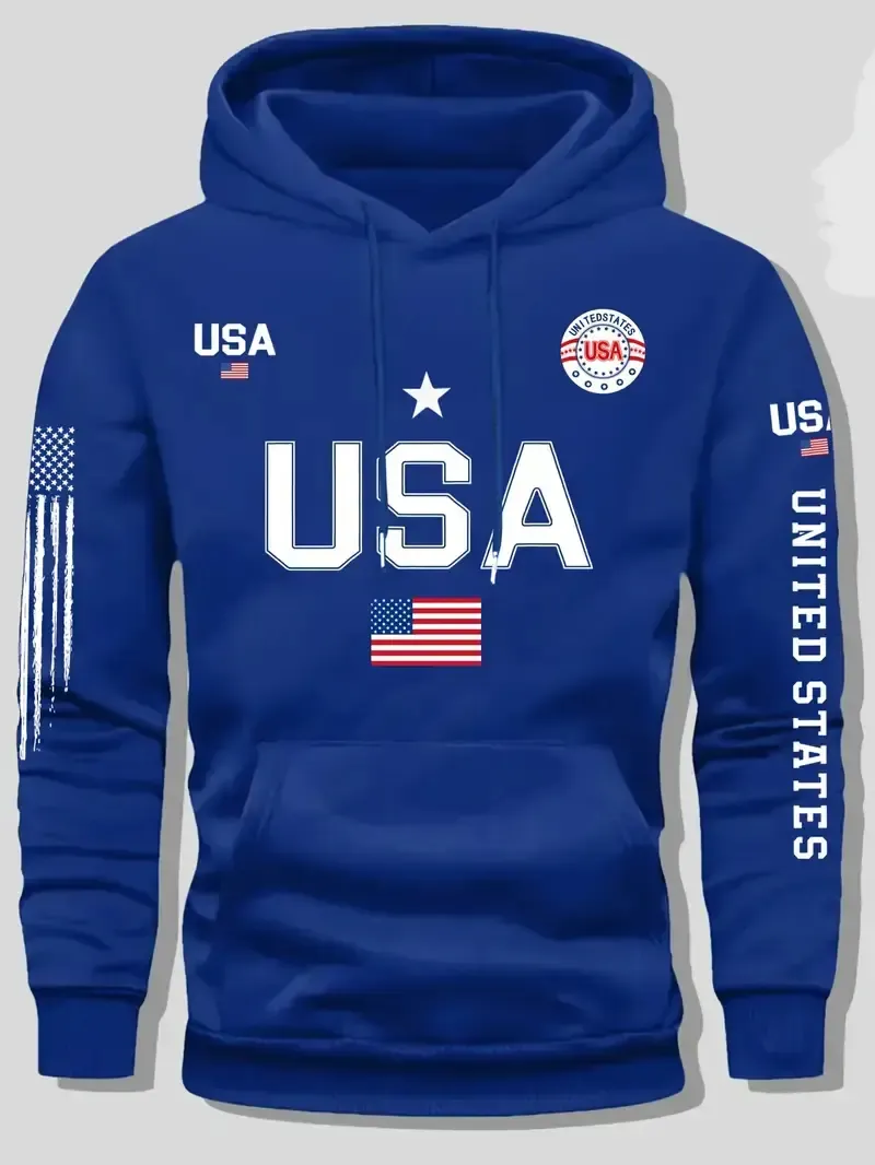 USA Flag Print Hoodie Men's Fleece Sweatshirt