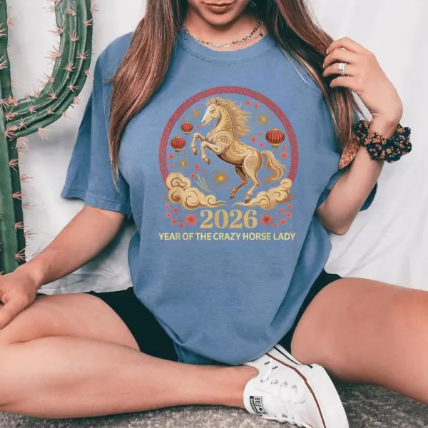 Cute 2026 Year Of Crazy Horse Lady Lunar Girl Zodiac Lantern Women's Oversized Comfort Colors T-Shirt