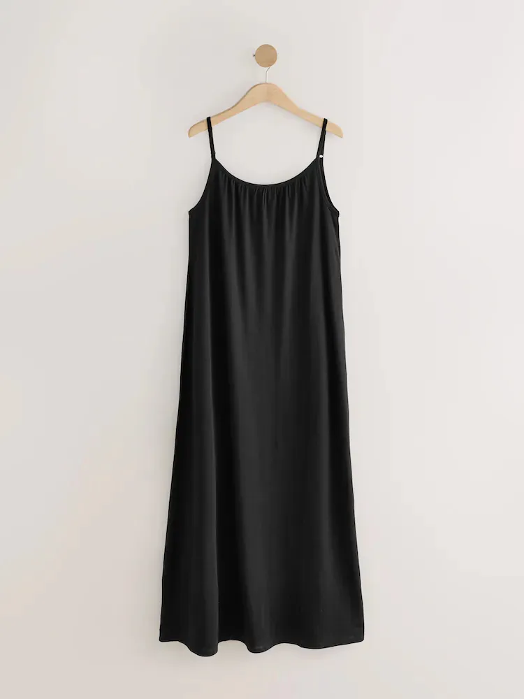 Maxi Length Trapeze Shape Ruched Neckline Thin Vest Strap Dress