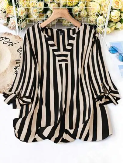 Striped Tie Neck Holiday Blouse