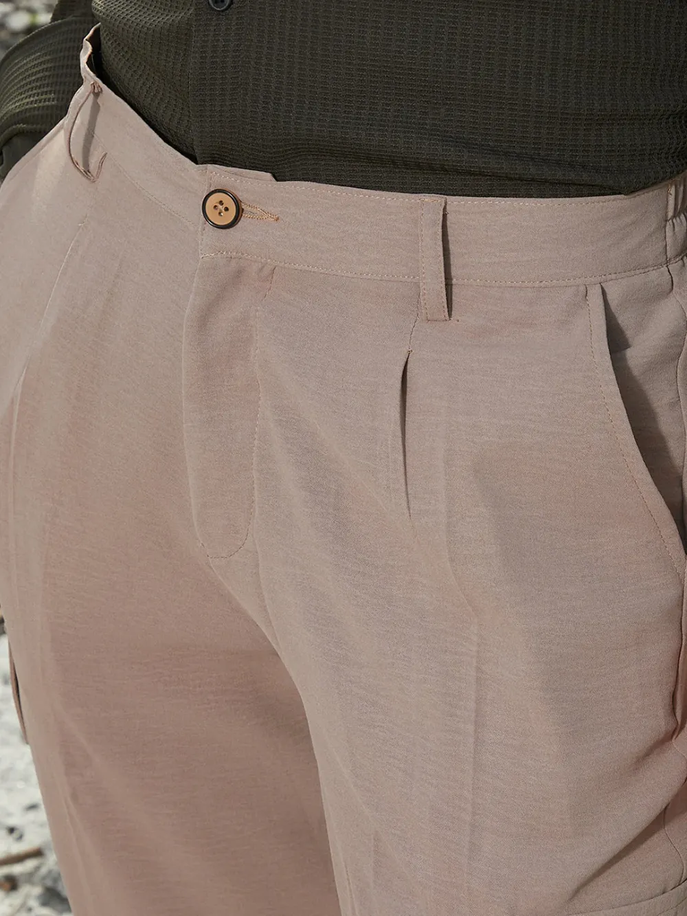Beige Mid Rise Utility Trousers